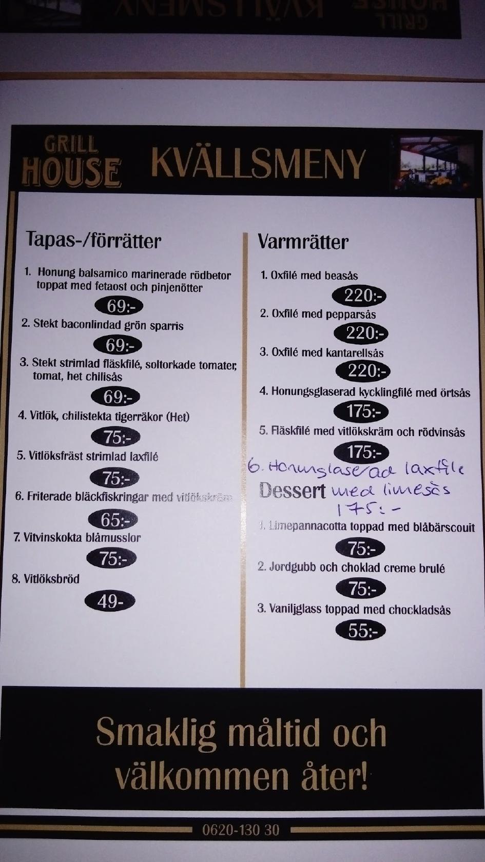 Menu at Grill House restaurant, Sollefteå