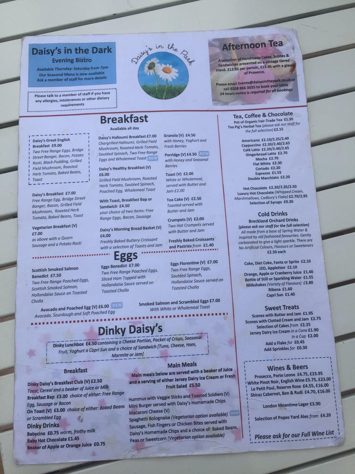 Menu at Daisy's in the Park cafe, Pinner