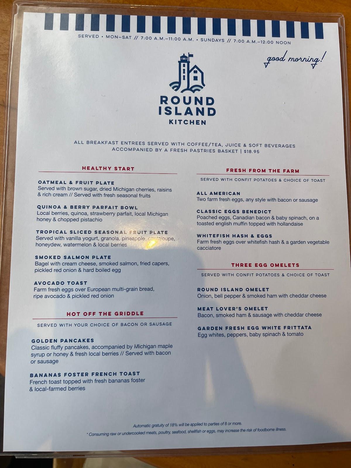 Menu at Round Island Kitchen restaurant, Mackinac Island