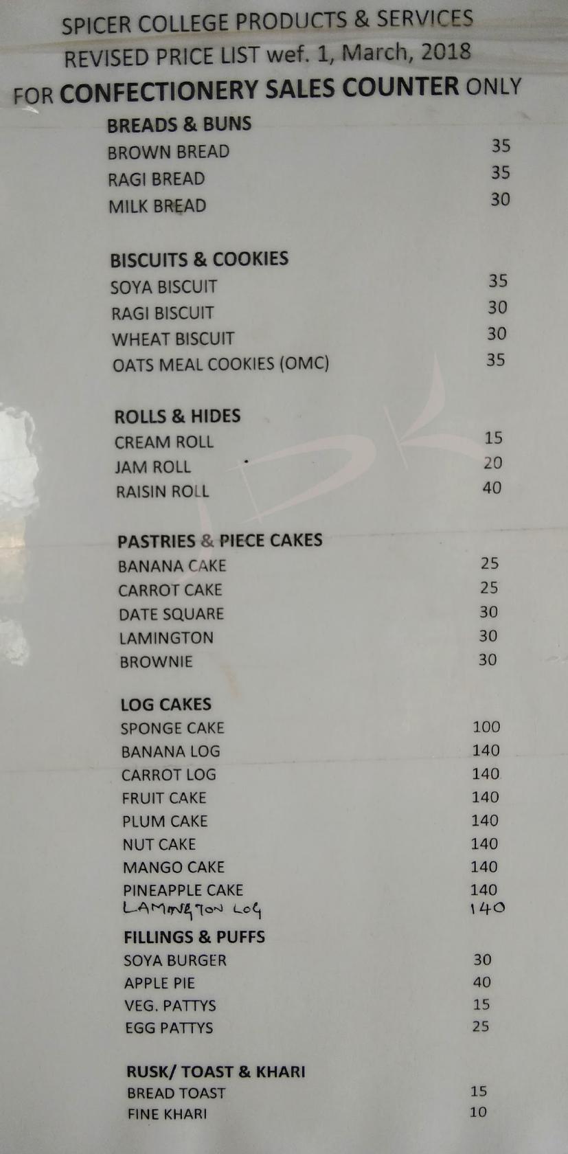 Spicer College Bakery and Confectionery menu