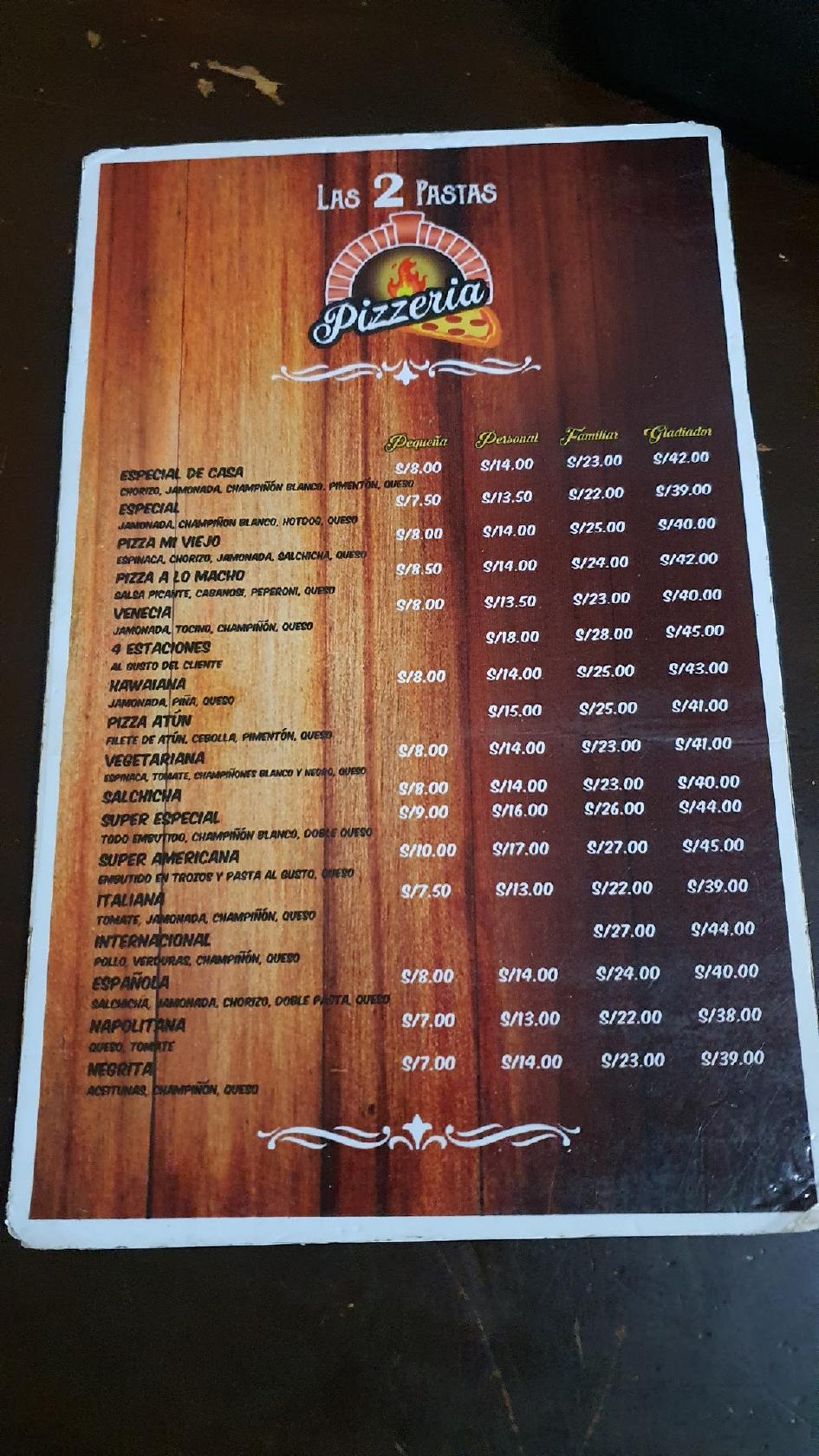 Menu at Pizzeria Las 2 Pastas, Curahuasi