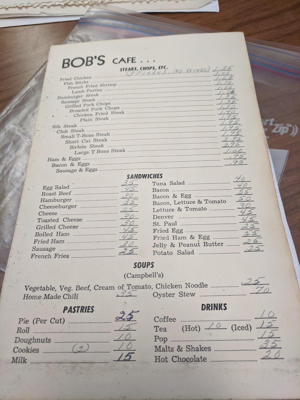 Menu at Bob's Cafe, Belle Fourche