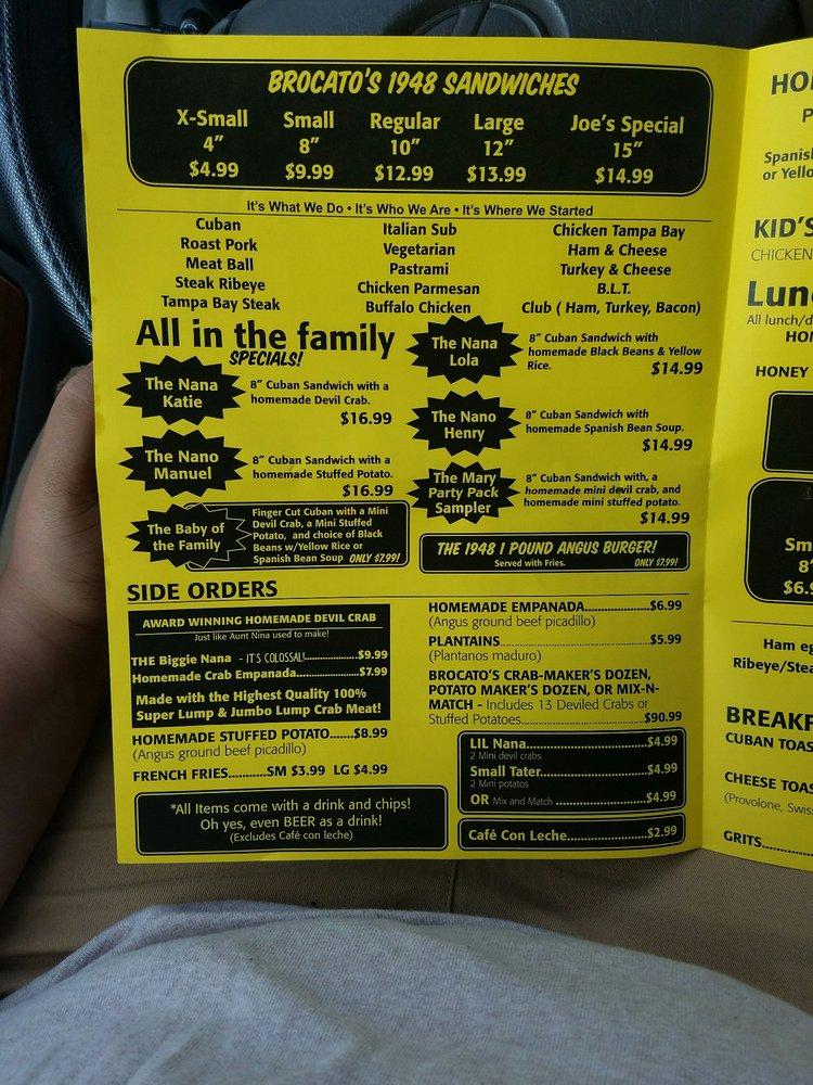 Menu at Brocato's Sandwich Shop restaurant, Tampa