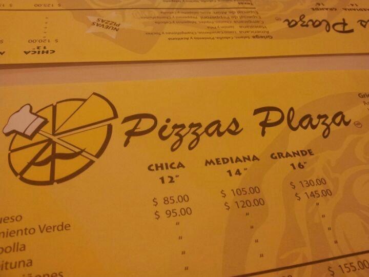 Menu at Pizza Plaza pizzeria, Mexico City, División del Norte