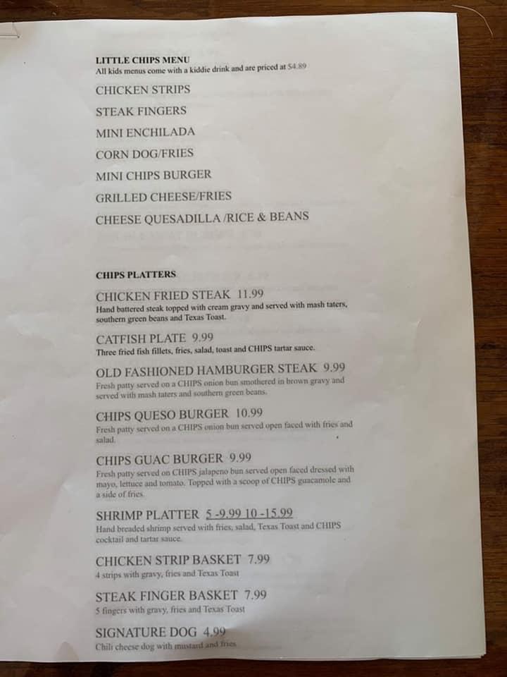 Menu at Chips Family Dining restaurant, Lake Jackson, 101 Circle Way