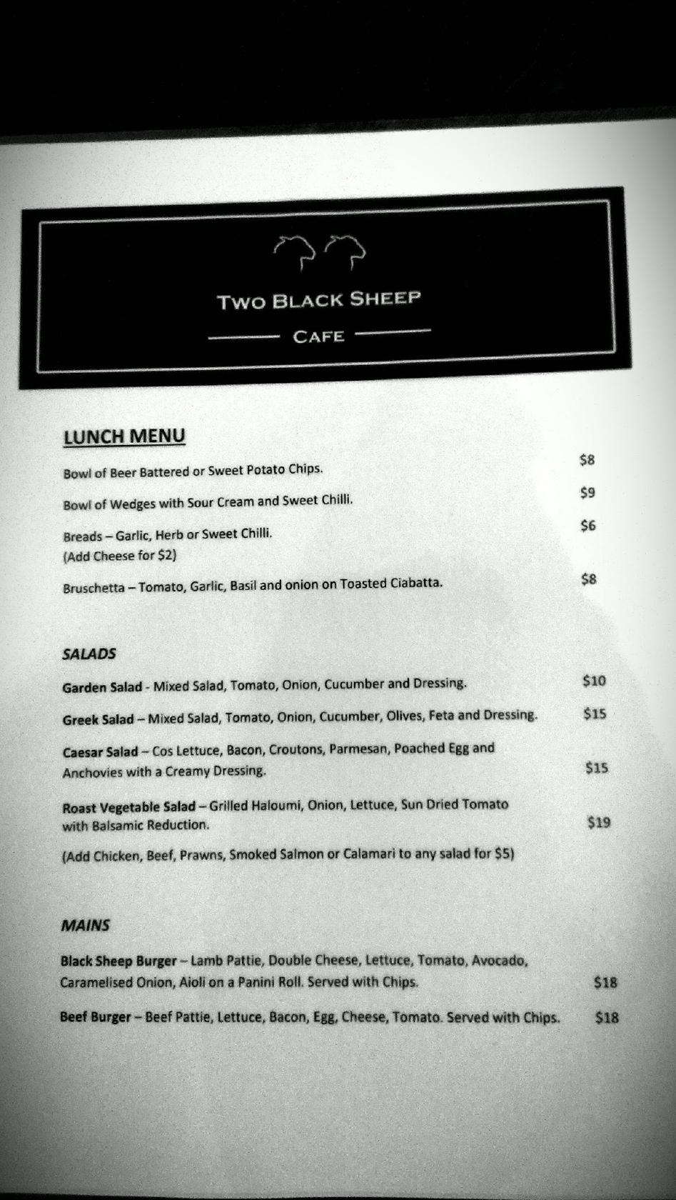 Menu at Two Black Sheep Cafe, Mildura