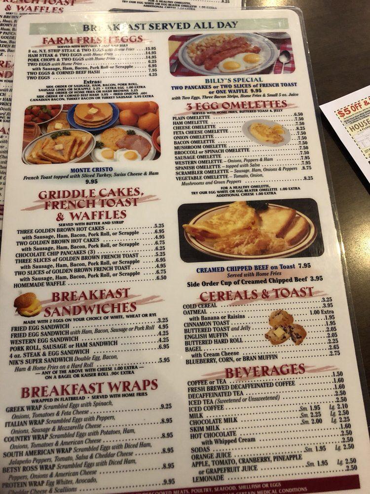 Menu at Billy's Pocono Diner restaurant, Tannersville, 2726 PA611