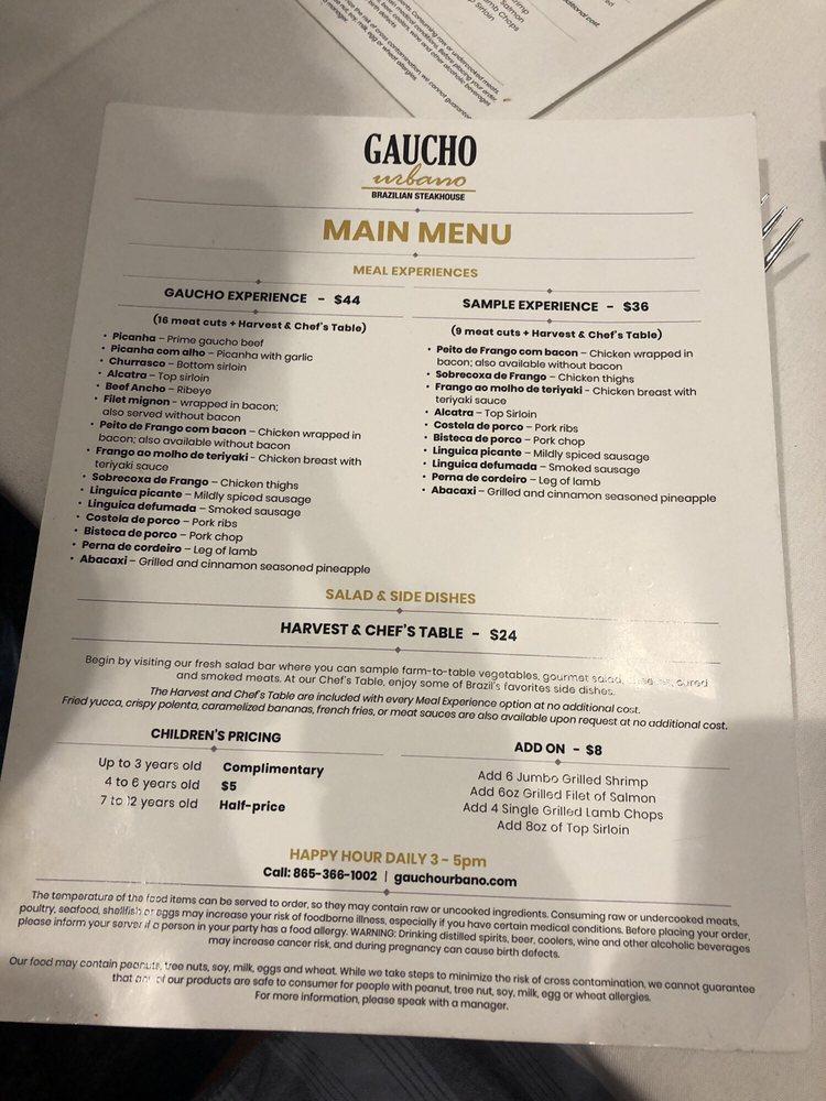 Menu at Gaucho Urbano - Brazilian Steakhouse, Pigeon Forge