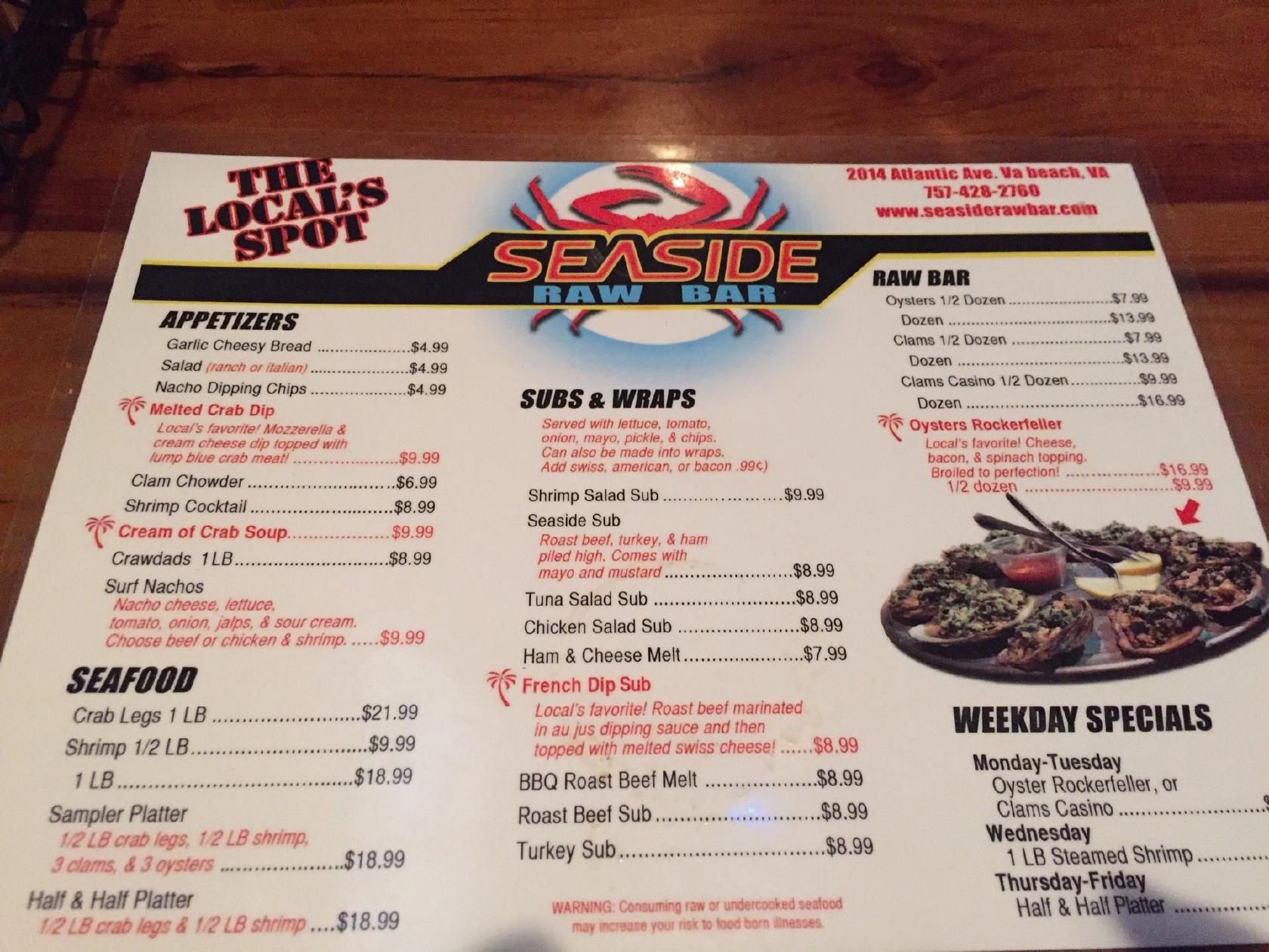 Menu at Seaside Raw Bar, Virginia Beach