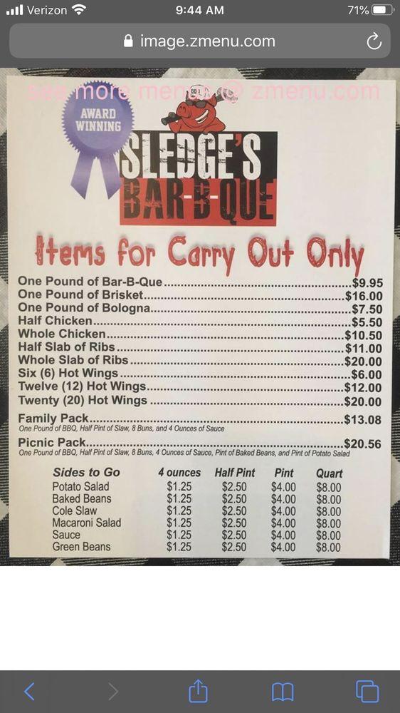Menu at Sledge's BBQ, Florence