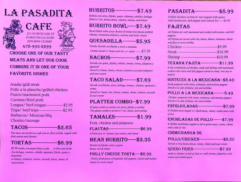 Menu at La Pasadita restaurant, Forsyth