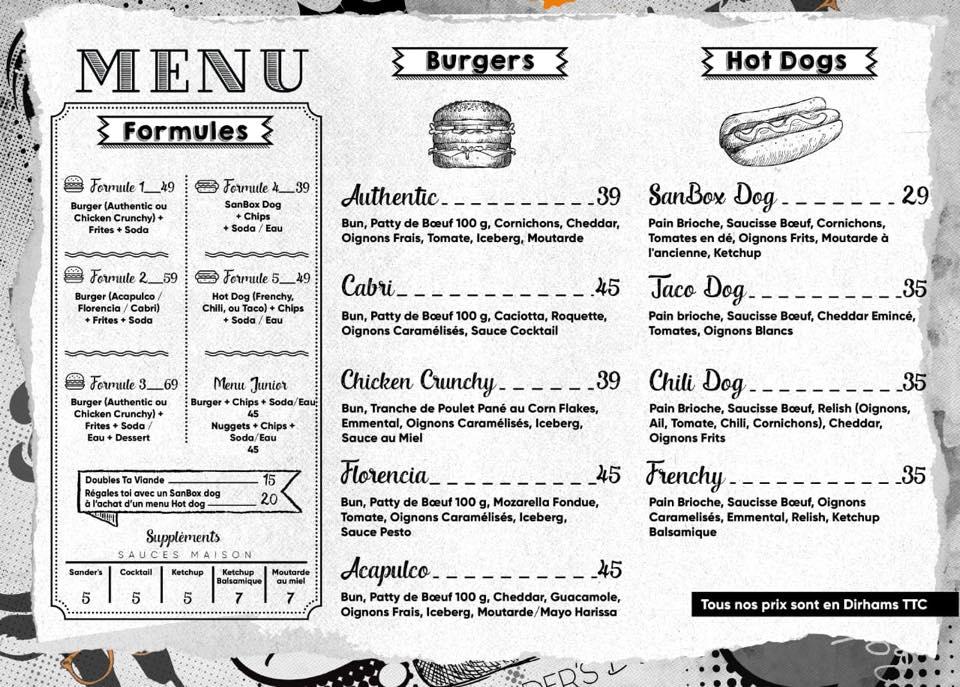 Menu at Sander’s Box restaurant, Tangier