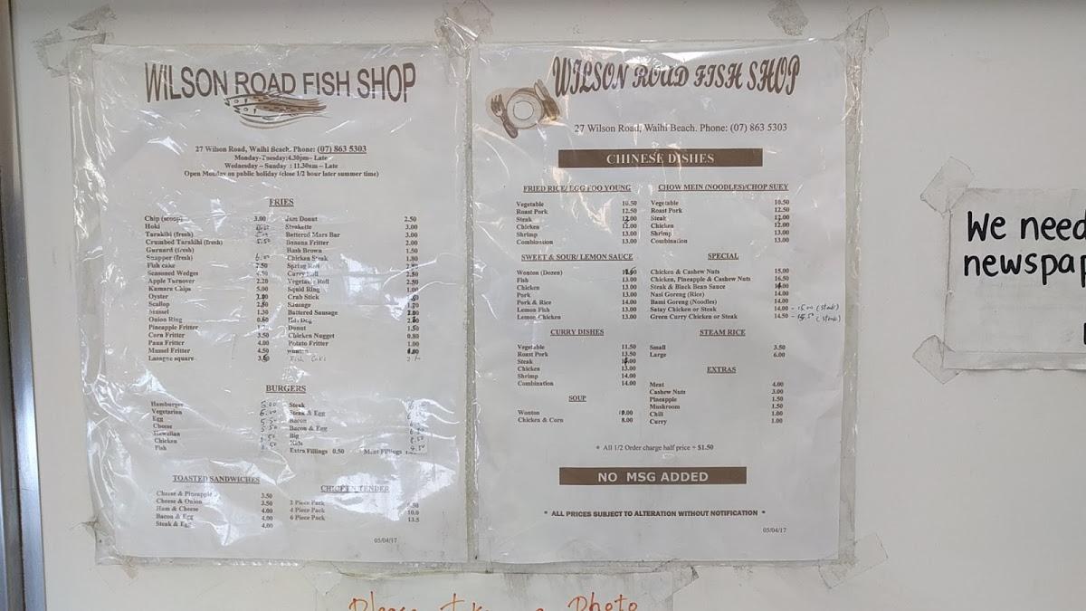 Menu at Wilson Road Fish Shop restaurant, Waihi Beach