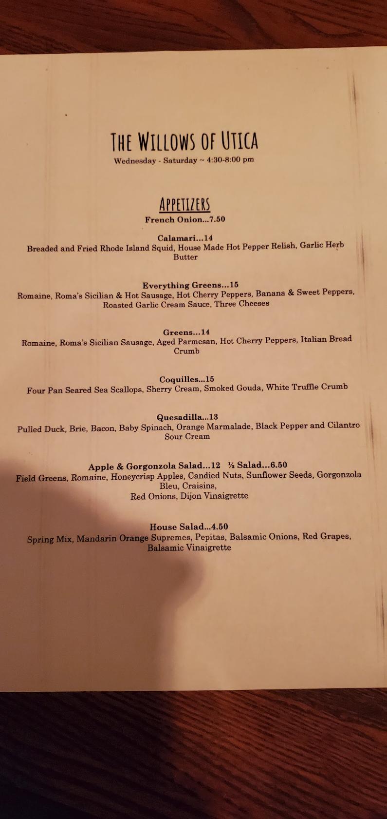 Menu at Willows of Utica restaurant, Utica