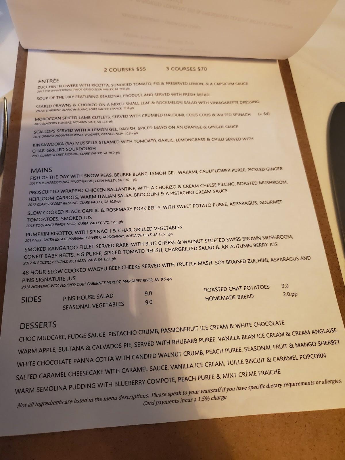 Menu at Pins On Lurline restaurant, Katoomba, 132 Lurline St