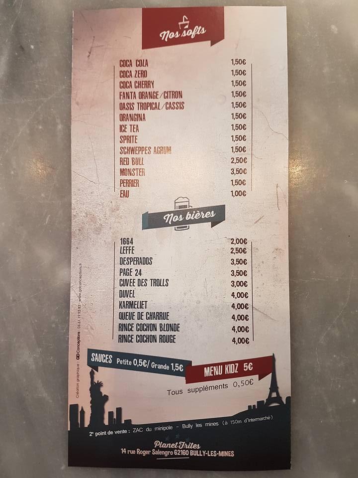 Menu de Planet Frites