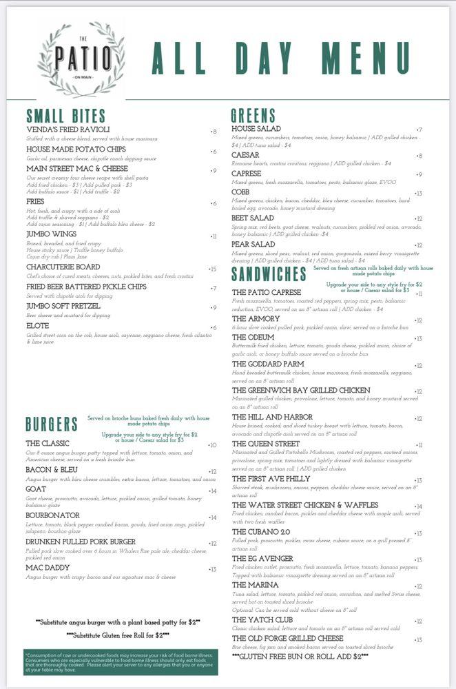 Menu at The Patio on Main East Greenwich pub & bar, East Greenwich