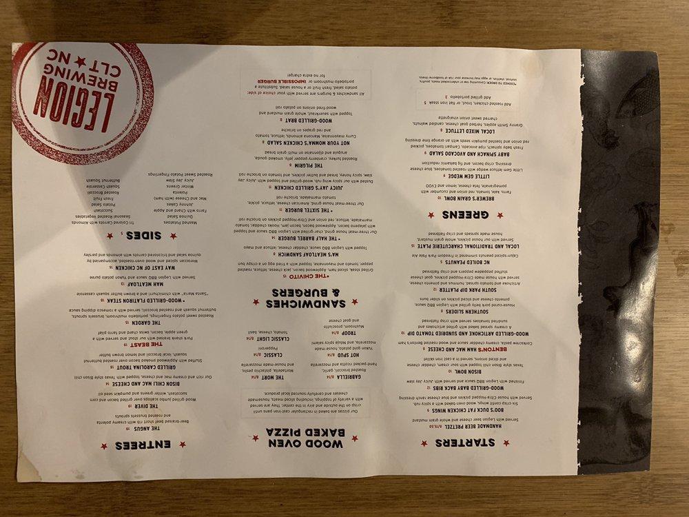 Menu at Legion Brewing South Park pub & bar, Charlotte