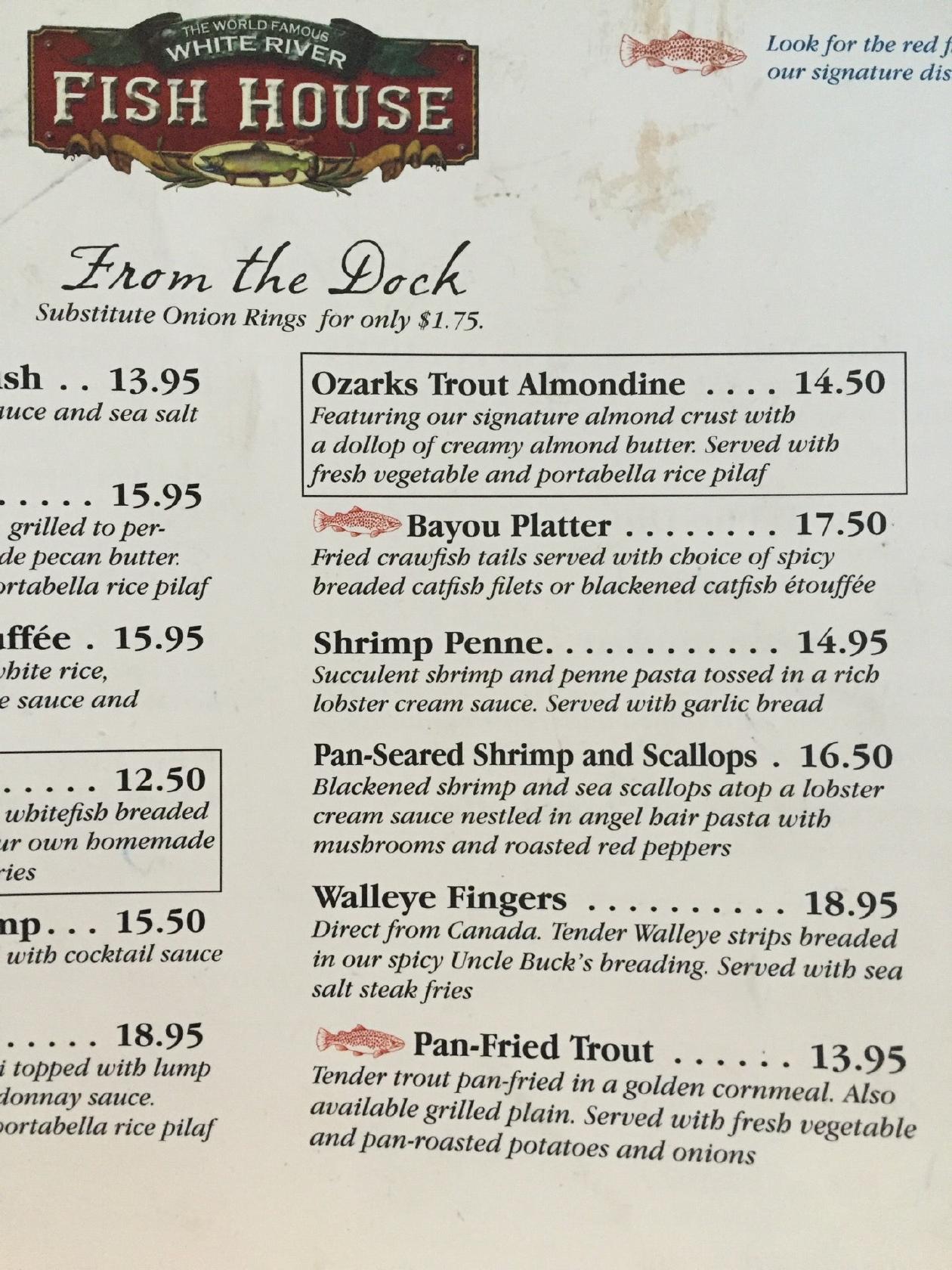 Menu at White River Fish House restaurant, Branson