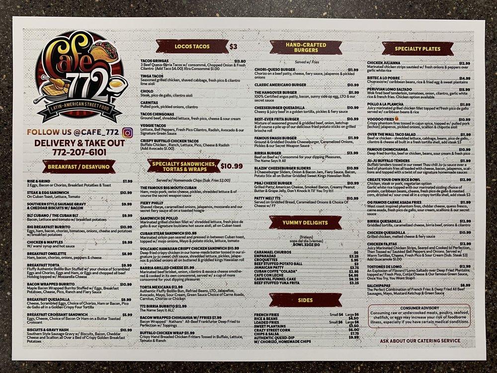 Menu at Cafe 772, Port St. Lucie