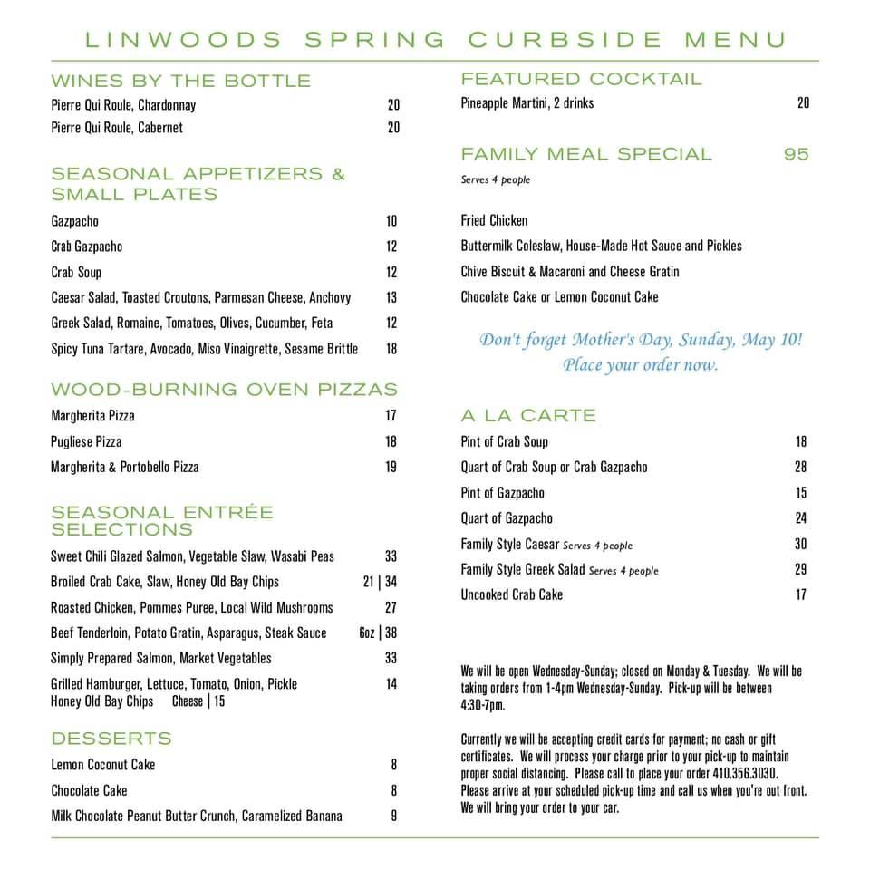 Menu at Linwoods restaurant, Owings Mills