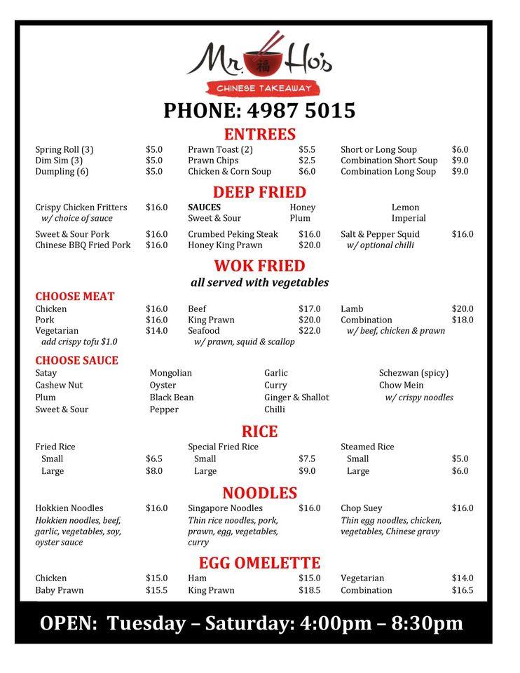 Menu at Mr Ho's Chinese Takeaway restaurant, Raymond Terrace