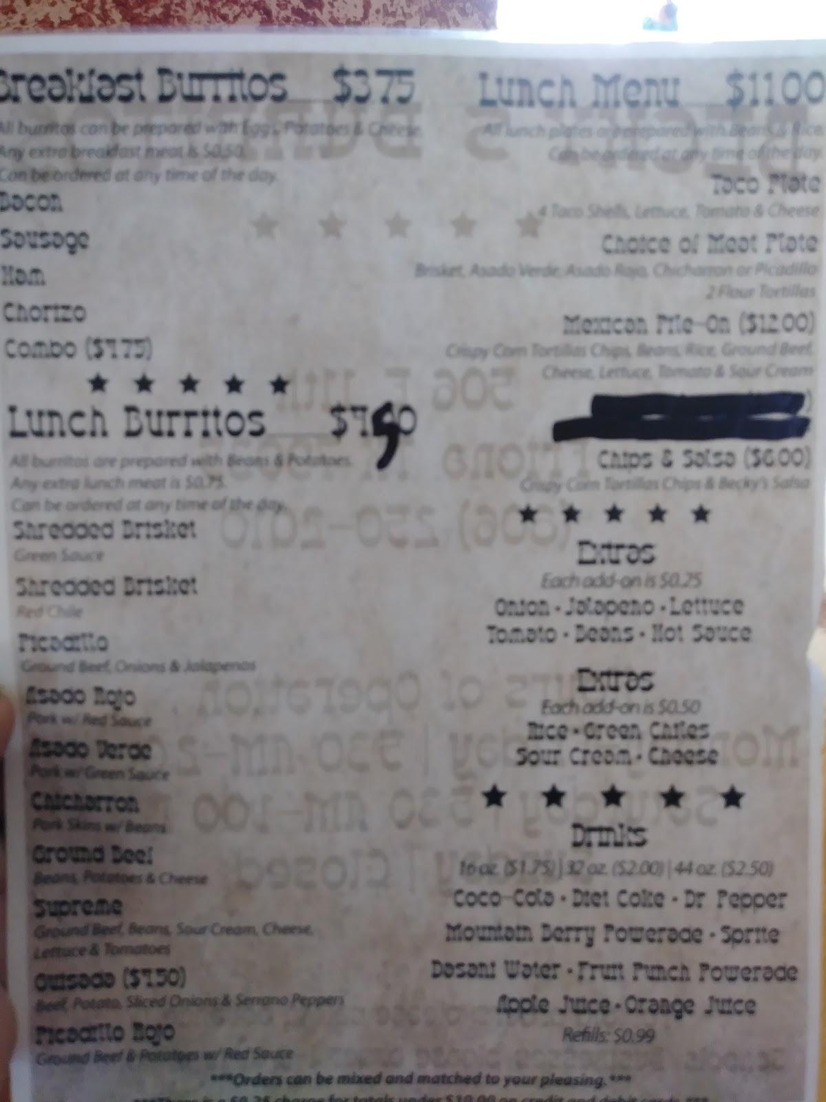 Menu at Becky's Burritos restaurant, Friona