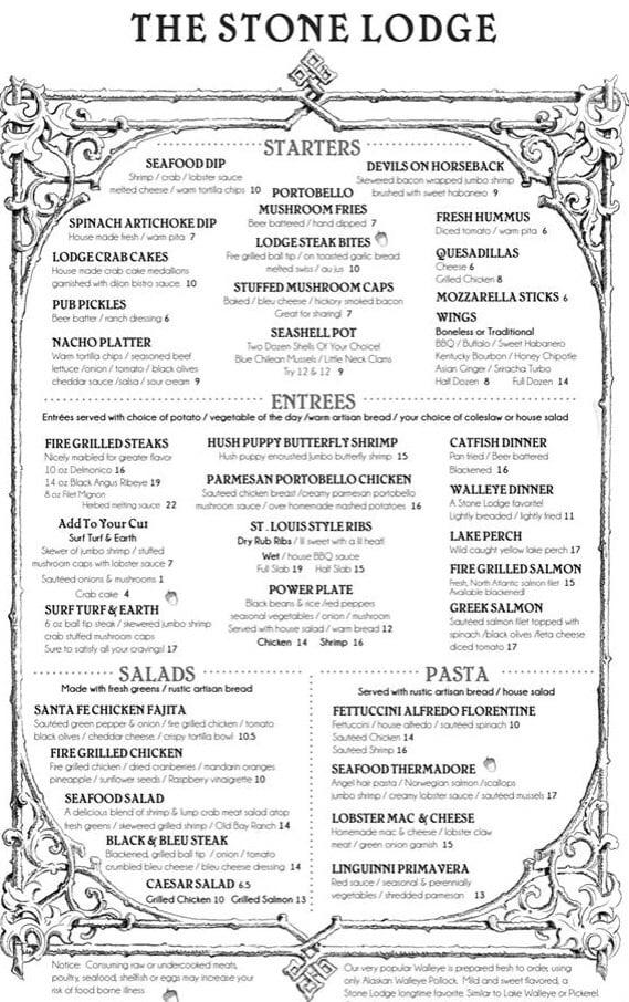 Menu at The Stone Lodge pizzeria, Port Sanilac