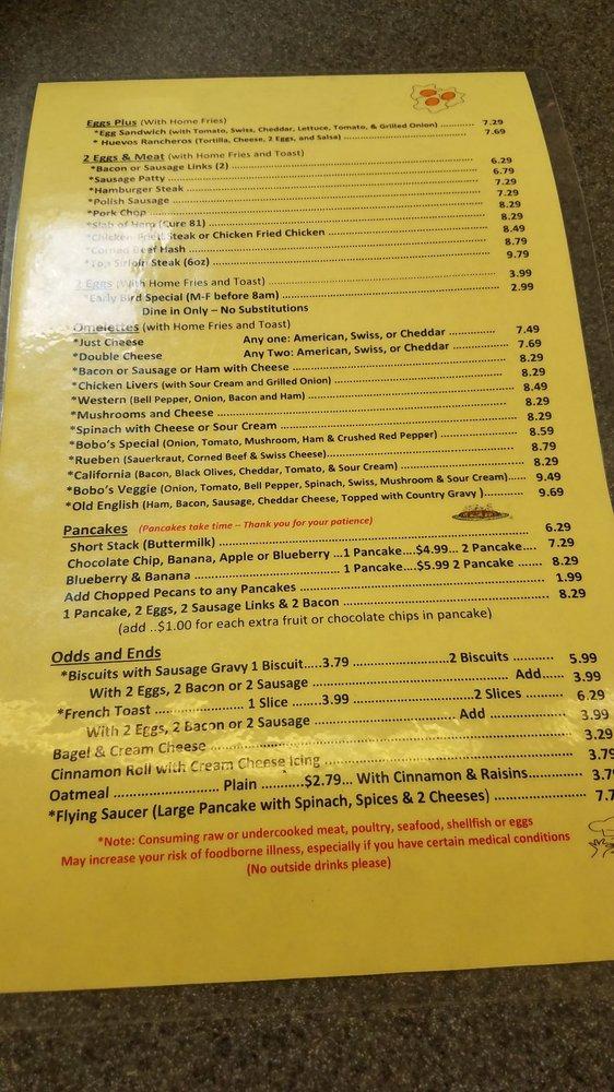 Menu at Bobo's Restaurant, Tucson