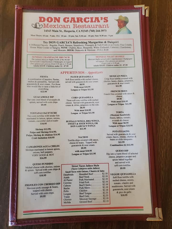 Menu at Don Garcia's Mexican Restaurant, Hesperia