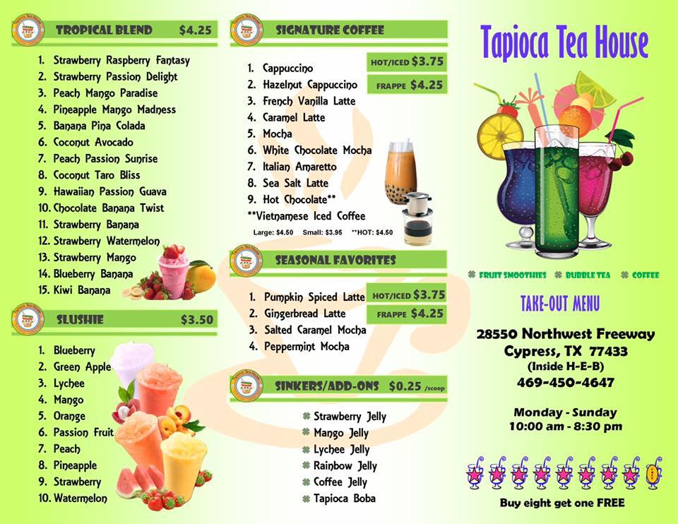 Menu at Tapioca Tea House pub & bar, Cypress