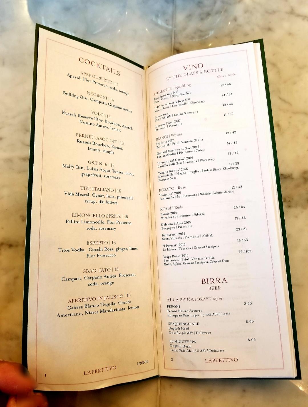 Menu at Eataly pizzeria, Las Vegas