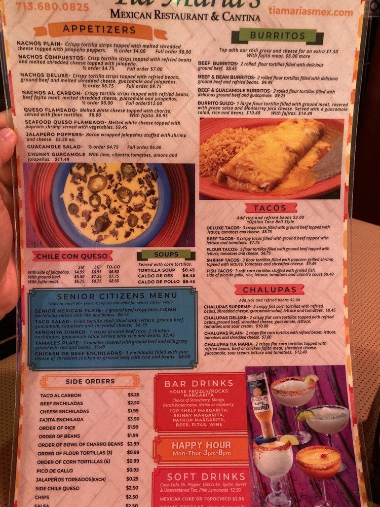 Menu at Tia Maria's restaurant, Houston, St