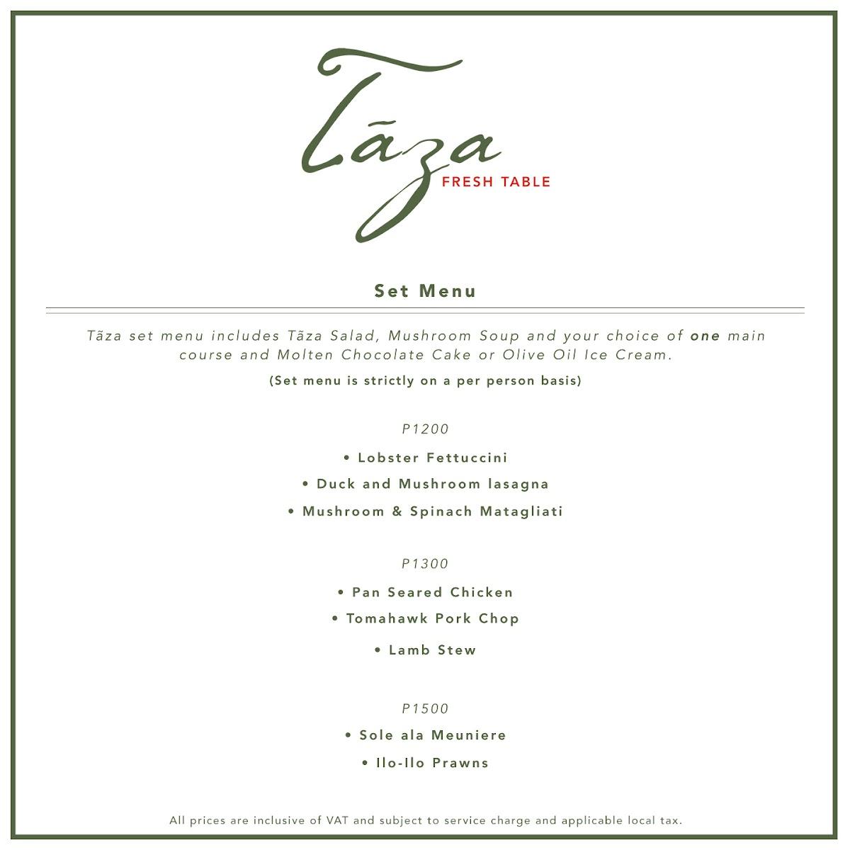 Menu at Taza Fresh Table restaurant, Tagaytay