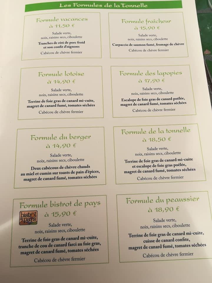 Menu at La Tonnelle restaurant, SaintCirqLapopie