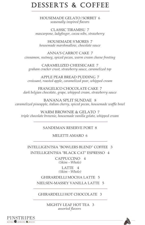 Menu at Pinstripes pub & bar, North Bethesda