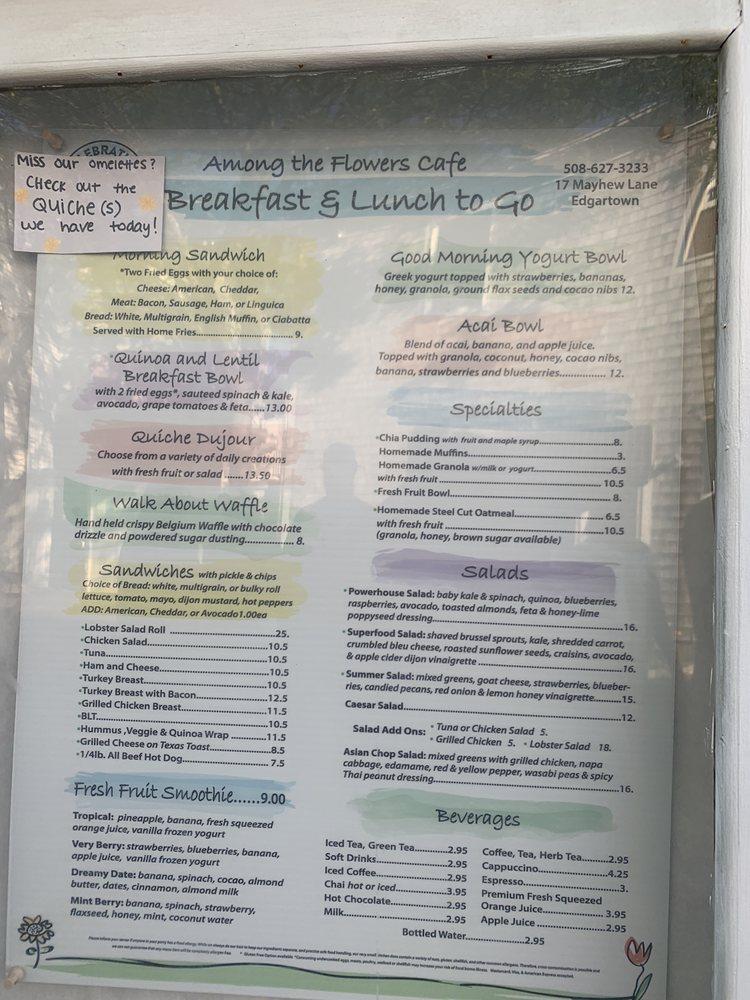 Menu at Among the Flowers Cafe, Edgartown