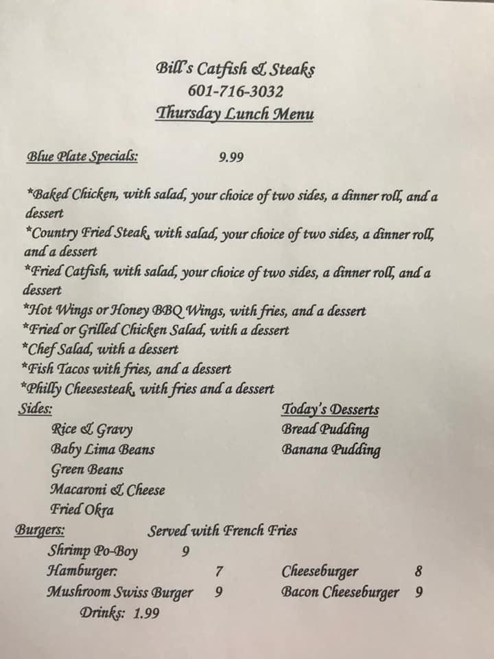 Menu at Bill's Catfish & Steaks steakhouse, Wiggins