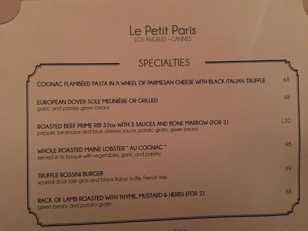 Menu at Le Petit Paris pub & bar, Los Angeles
