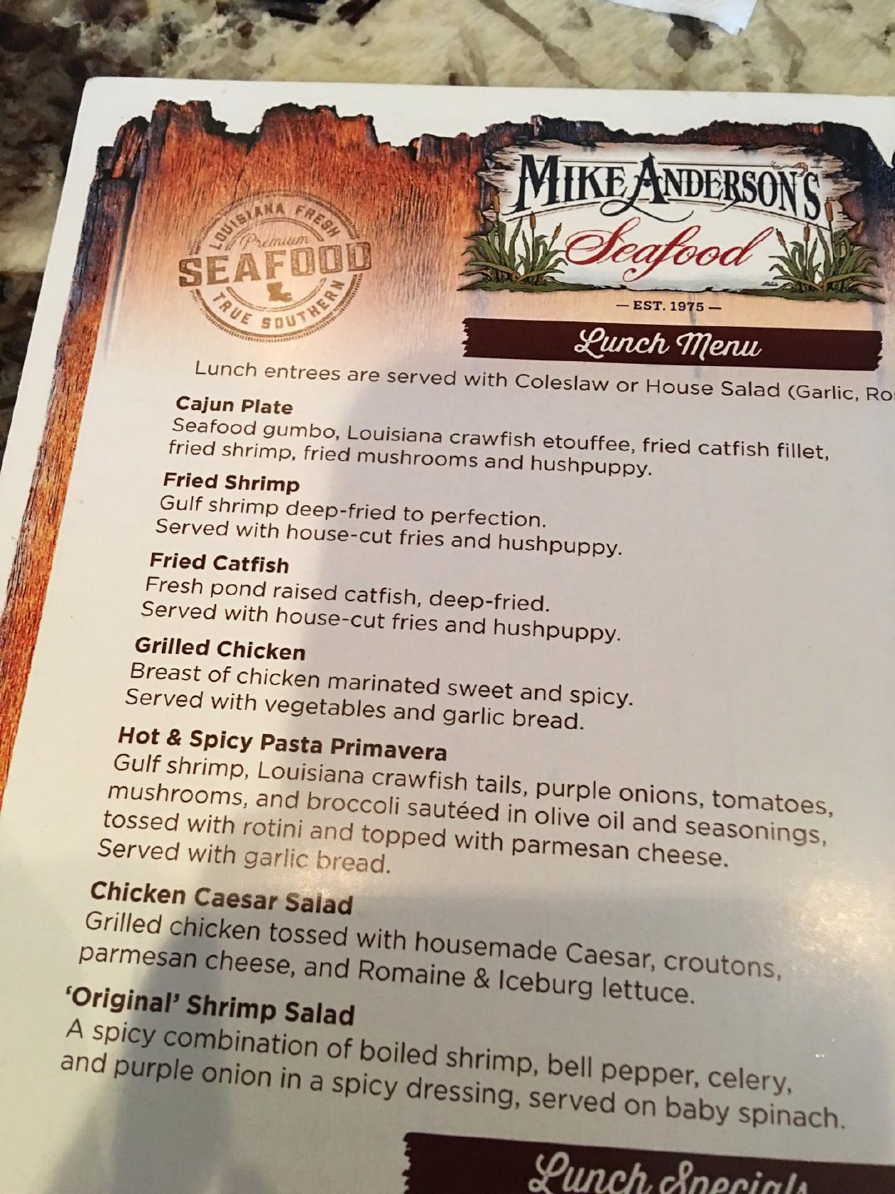 Menu at Mike Anderson's Baton Rouge restaurant, Baton Rouge