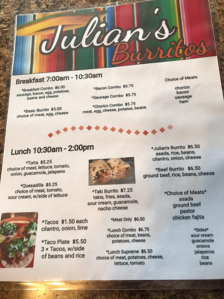 Menu at Julian’s Burritos restaurant, Wichita Falls