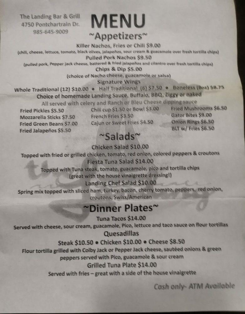 Menu at Landing Bar & Grill, Slidell, Pontchartrain Dr
