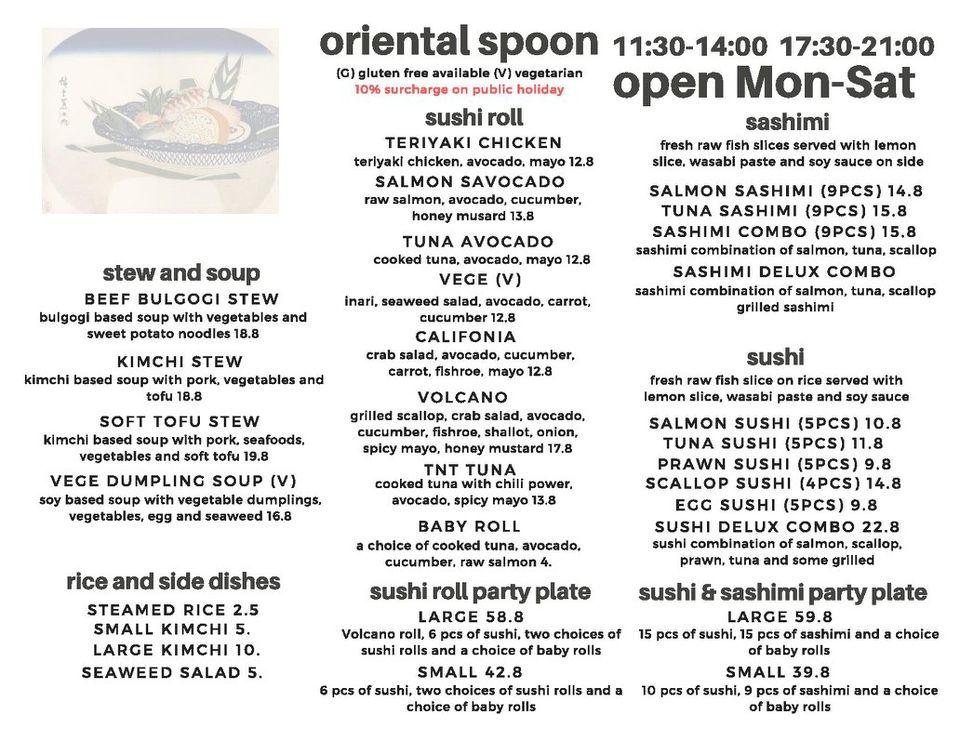 Menu at Oriental Spoon Korean Restaurant, Port Macquarie