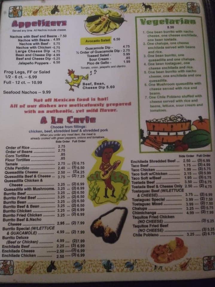 Menu at Cinco De Mayo Mexican restaurant, Lyons