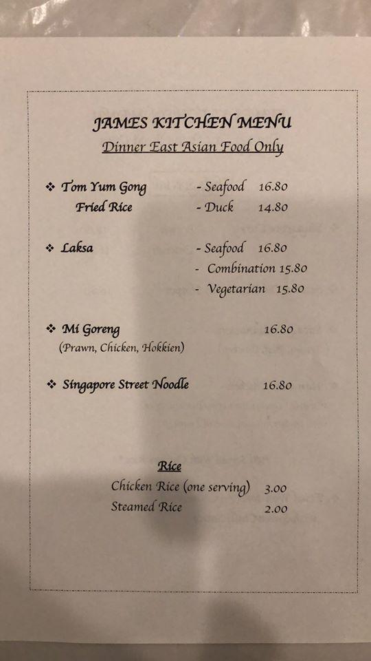 Menu at James Kitchen restaurant, Huskisson