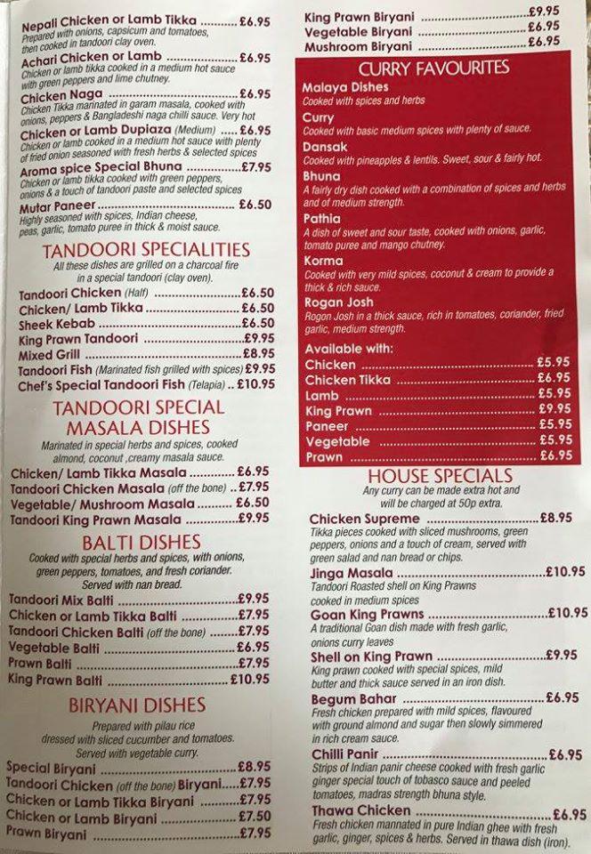 Menu at The Aroma Spice restaurant, Leicester