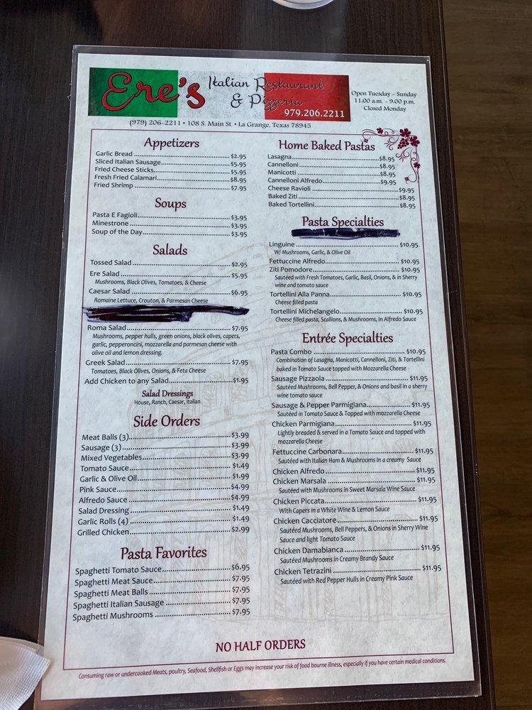 Menu at Ere's Italian Restaurant and Pizzeria, La Grange