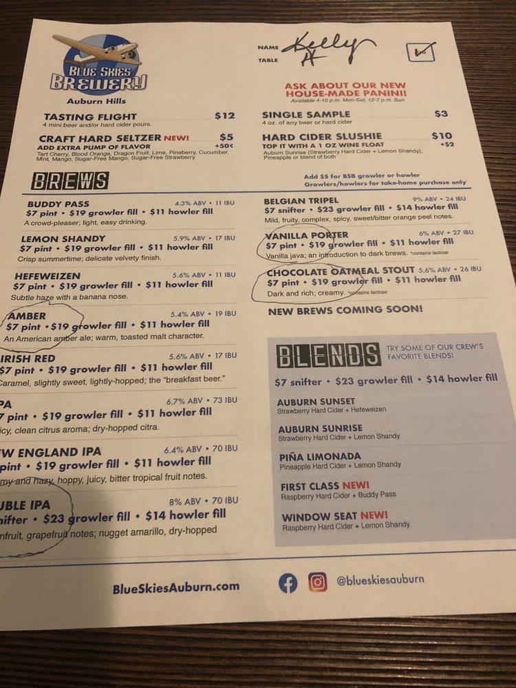 Menu at Blue Skies Brewery, Auburn Hills