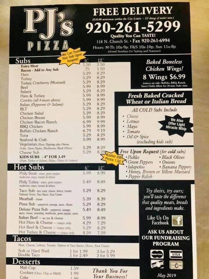 Menu at PJ's Pizza pizzeria, Watertown