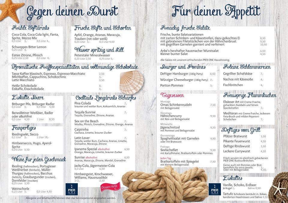 Menu at Pier One restaurant, Ludwigshafen, Platz d. Deutschen Einheit